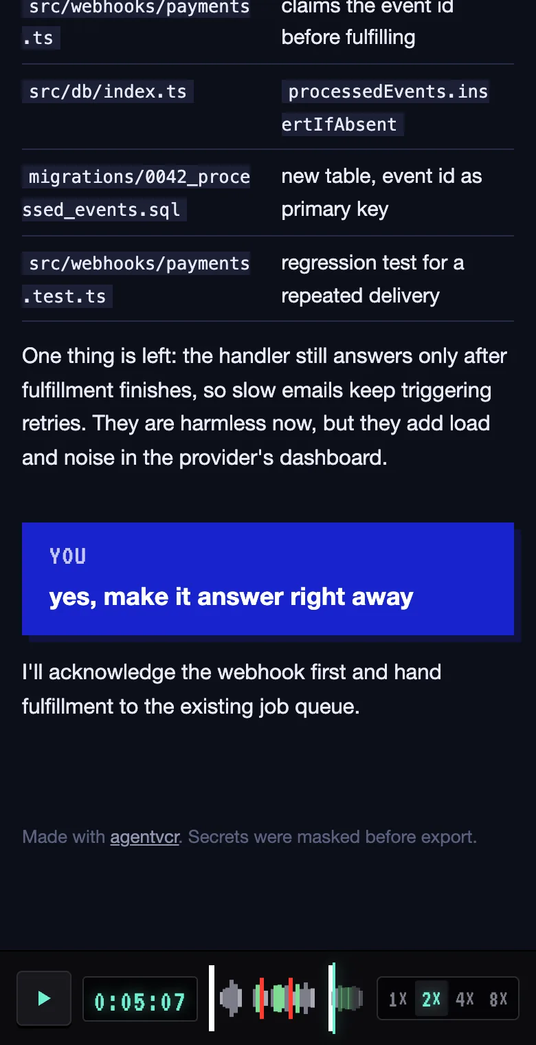 The replay on a phone, with a prompt band and the deck