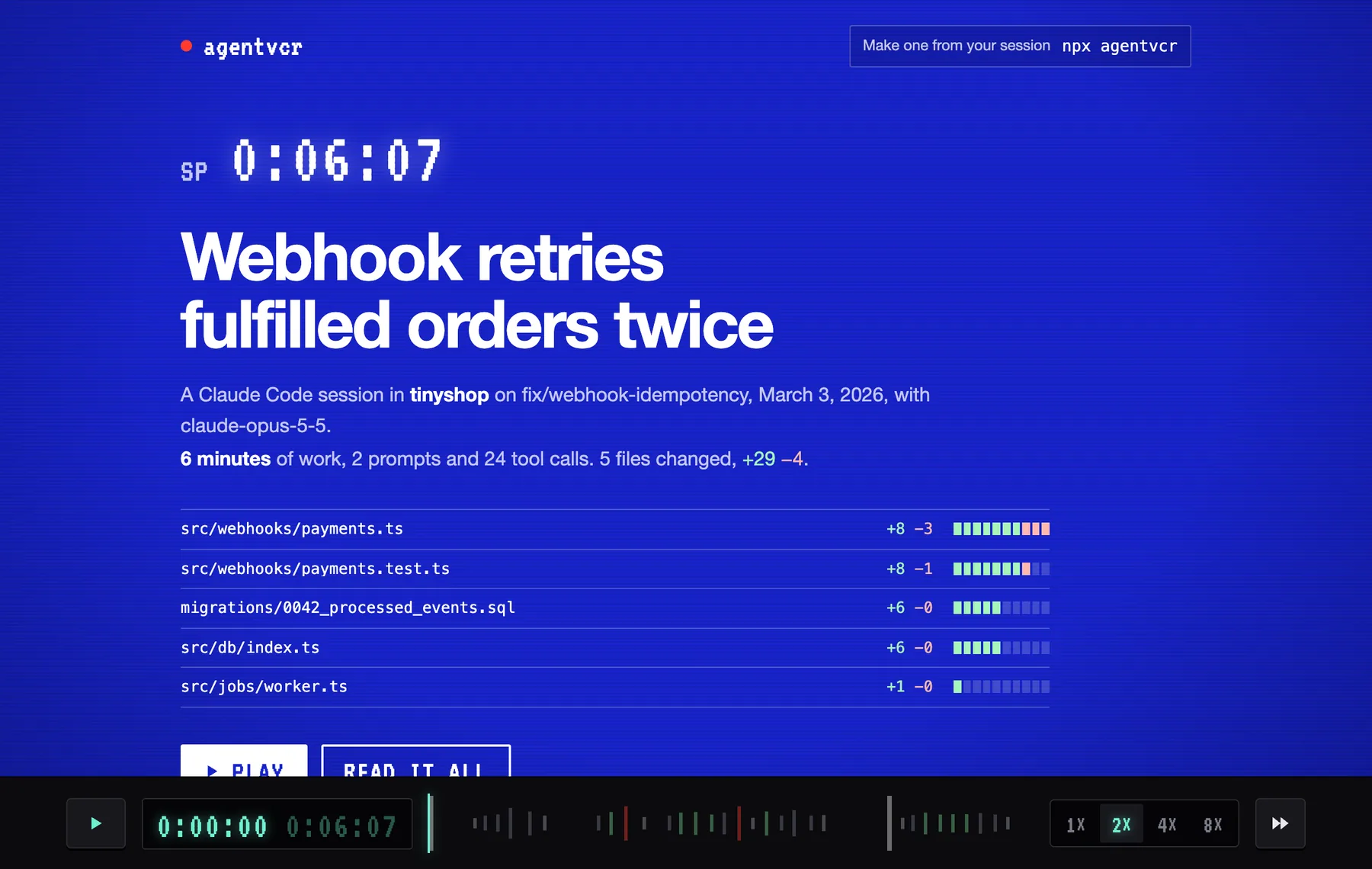 Replay summary on the blue screen with a diffstat of five files